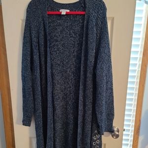 CJ Banks 2X Navy Denim Blue White Marbeled Sweater Cardigan 36" Long Cozy Warm